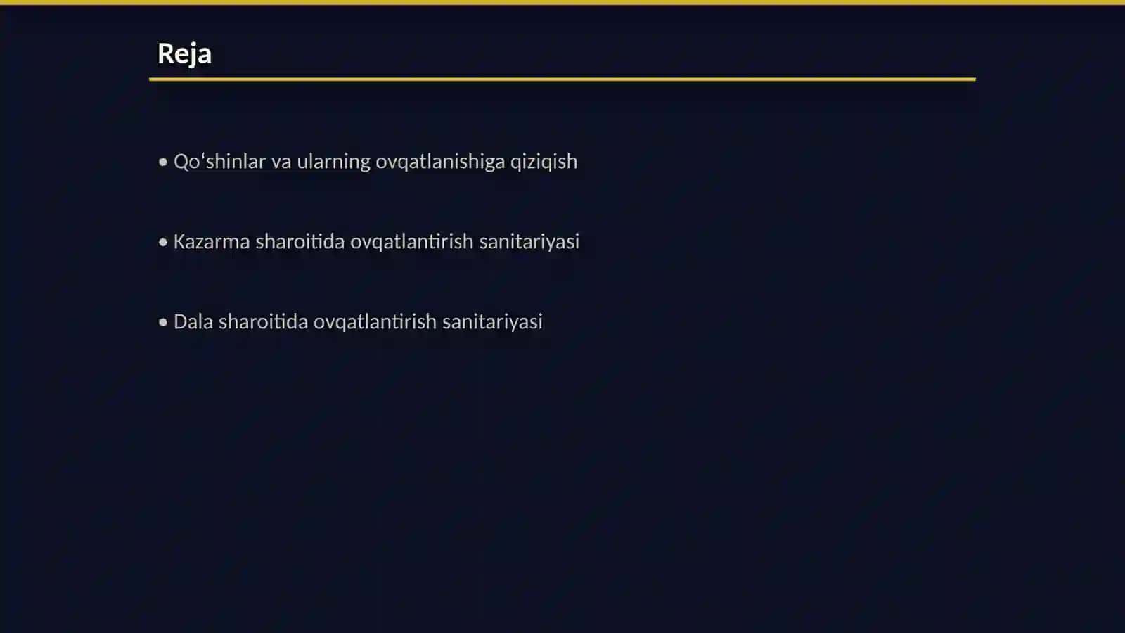 Qoʻshinlarni kazarma va dala sharoitlarida joylashtirilganda ularning ovqatlantirishining sanitariya va nazorati. Gigiyena fanidan 2
