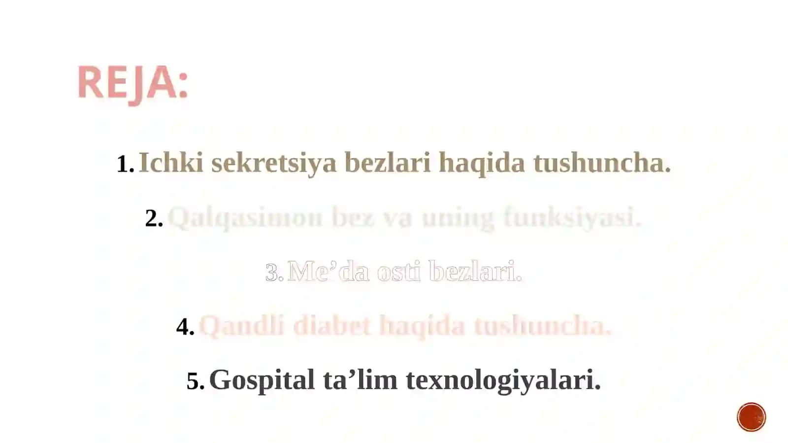 ICHKI SEKRETIYA BEZLARI KASALLIKLARI
"QANDLI DIABET" BILAN OG'RIGAN
MAKTAB O'QUVCHILARI BILAN
MASHG' 2