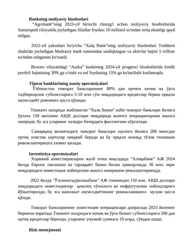 Tijorat banklarining operasiyalari 2