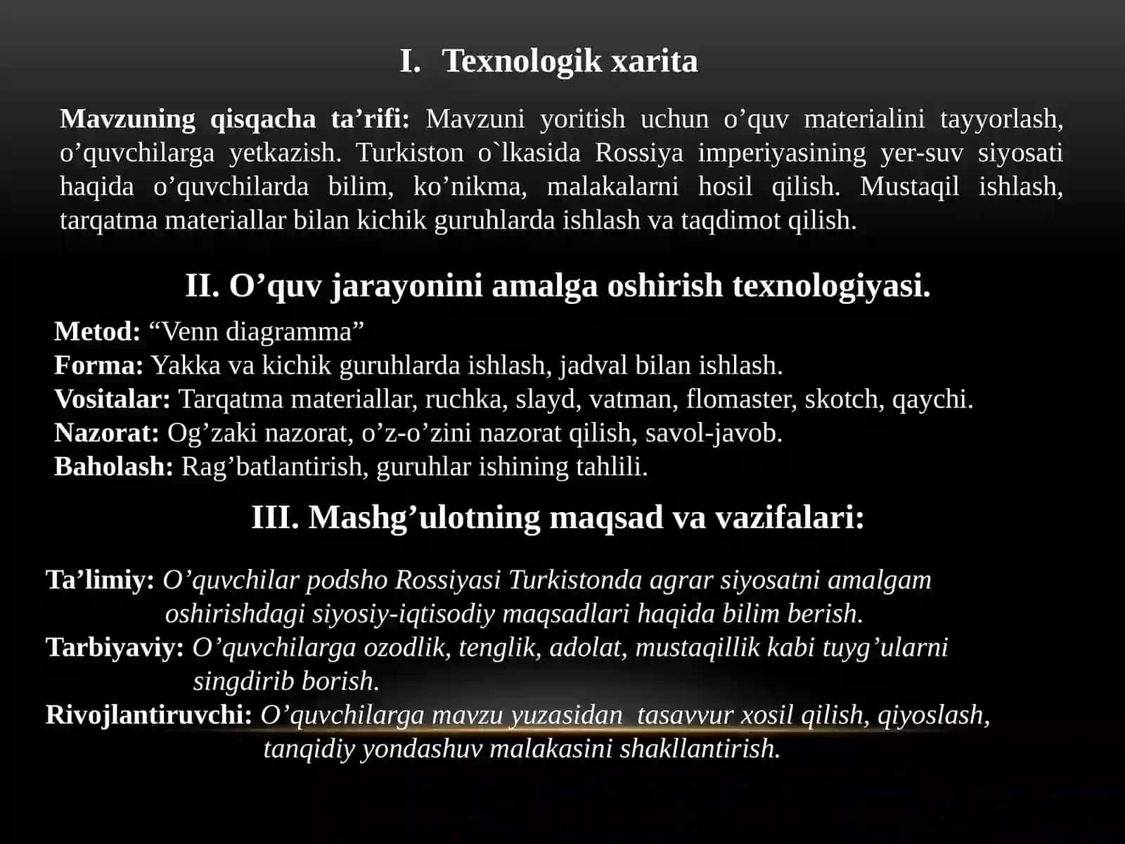 Dars ishlanmasi "Turkiston o`lkasida Rossiya imperiyasining Yer suv siyosati" mavzusida 2