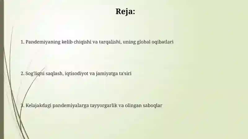 Pandemiya XXl asrning muammosi va uning oqibatlari 2