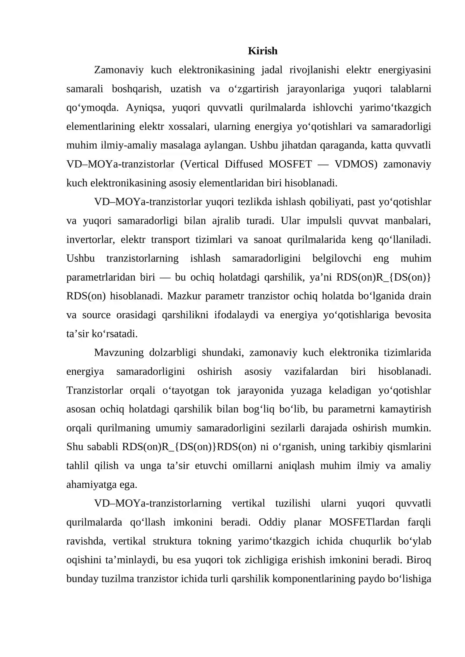 KATTA QUVVATLI VD-MOYA-TRANZISTORINING OCHIQ HOLATIDAGI QARSHILIKLARI 2