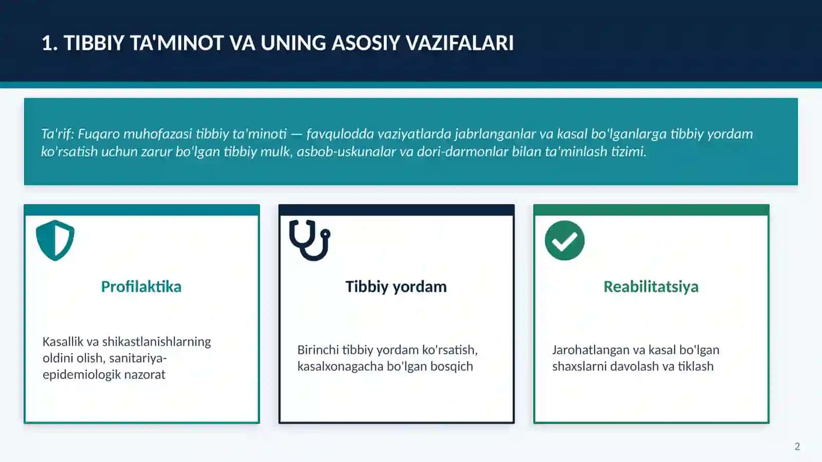 Fuqaro muxofazasi tibbiy xizmati tuzilmalarini tibbiy va boshqa mulklar

bilan taminlash. 2