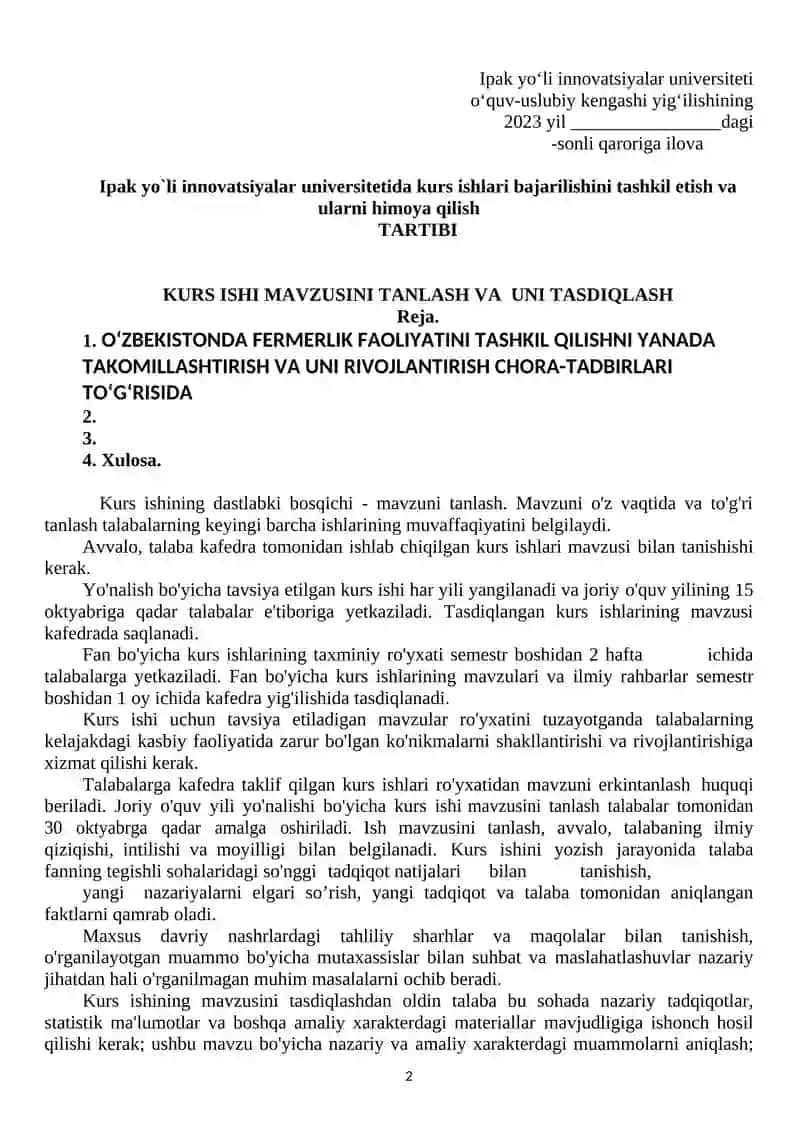 O‘ZBEKISTONDA FERMERLIK FAOLIYATINI TASHKIL QILISHNI YANADA TAKOMILLASHTIRISH VA UNI RIVOJLANTIRISH CHORA-TADBIRLARI TO‘G‘RISIDAIQTISODIYOT NAZARIYASI KURS ISHI 2