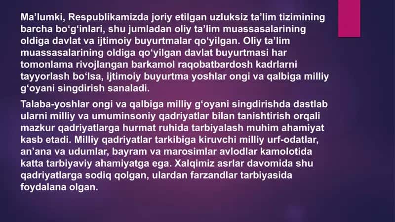 Xalq pedagogikasida milliy urf- odatlar, an’analar, udumlar, xalq o‘yinlari va o‘yinchoqlari, bayram va marosimlarning tarbiya vositasi sifatidagi o‘rni 2