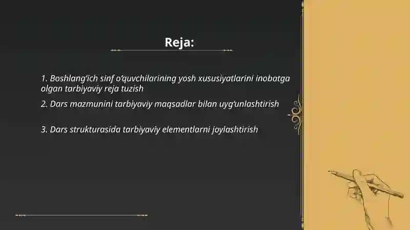 Boshlang‘ich sinf o‘quvchilarining dars va darsdan tashqari tarbiyaviy faoliyatini rejalashtirish o‘ziga xos xususiyatlari 2