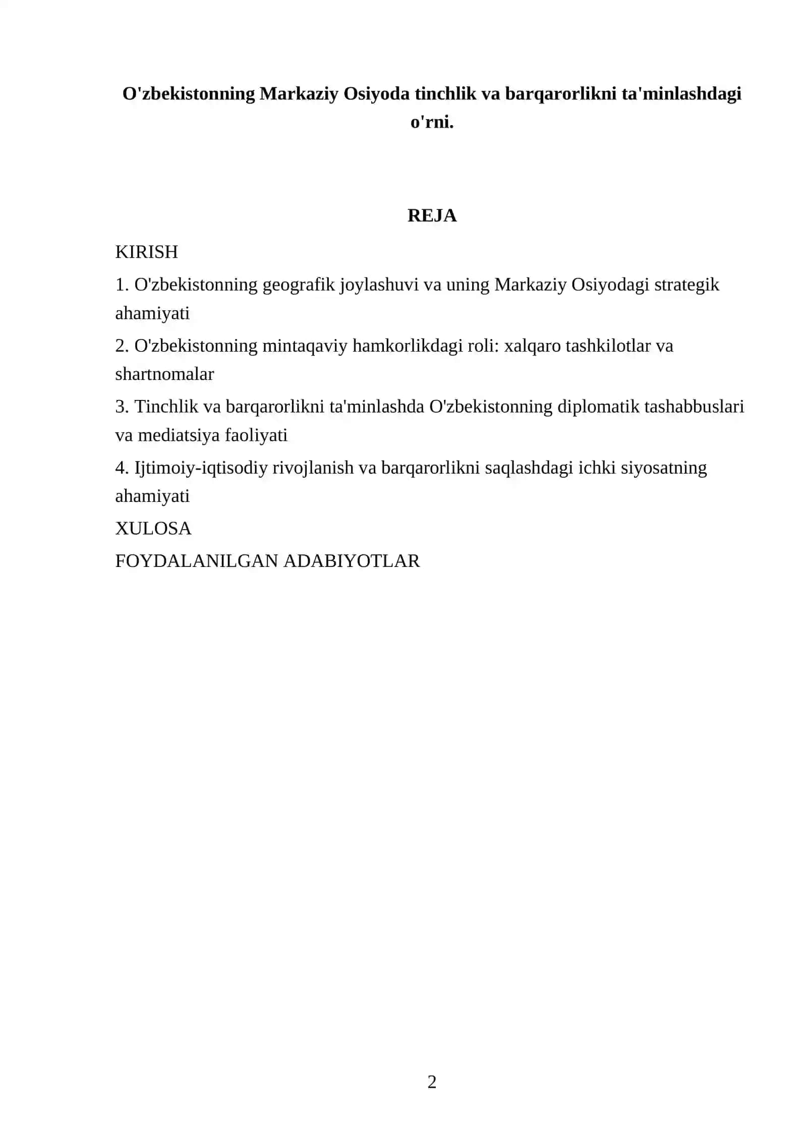 O'zbekistonning Markaziy Osiyoda tinchlik va barqarorlikni ta'minlashdagi o'rni REFERATI 2