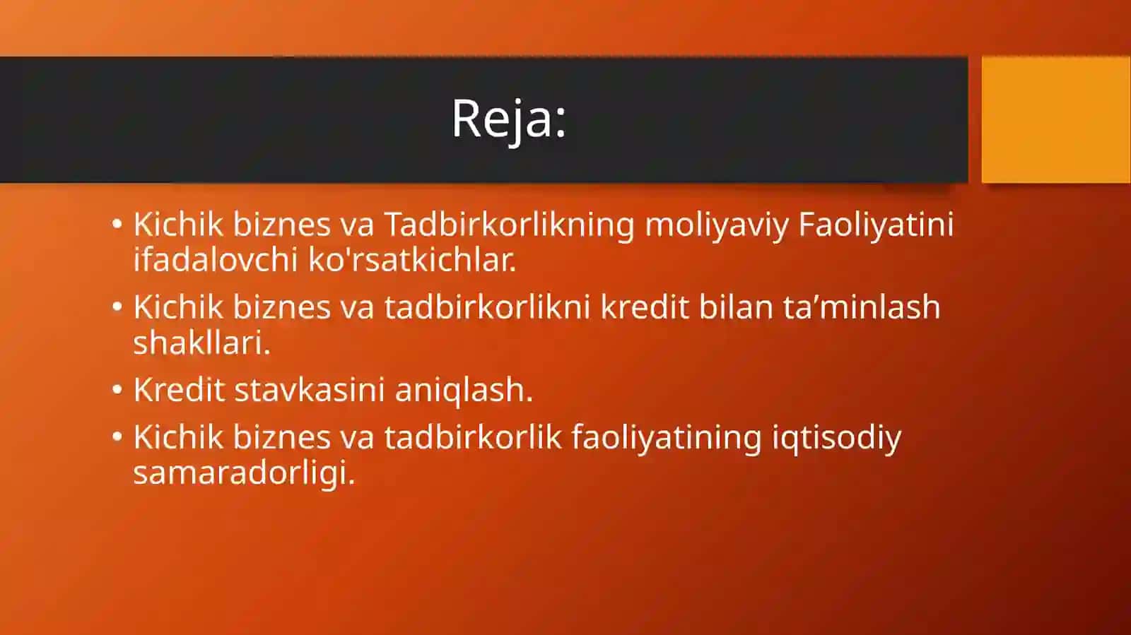 Kichik biznes va Tadbirkorlikning moliyaviy Faoliyatiniifadalovchiko'rsatkichlar 2