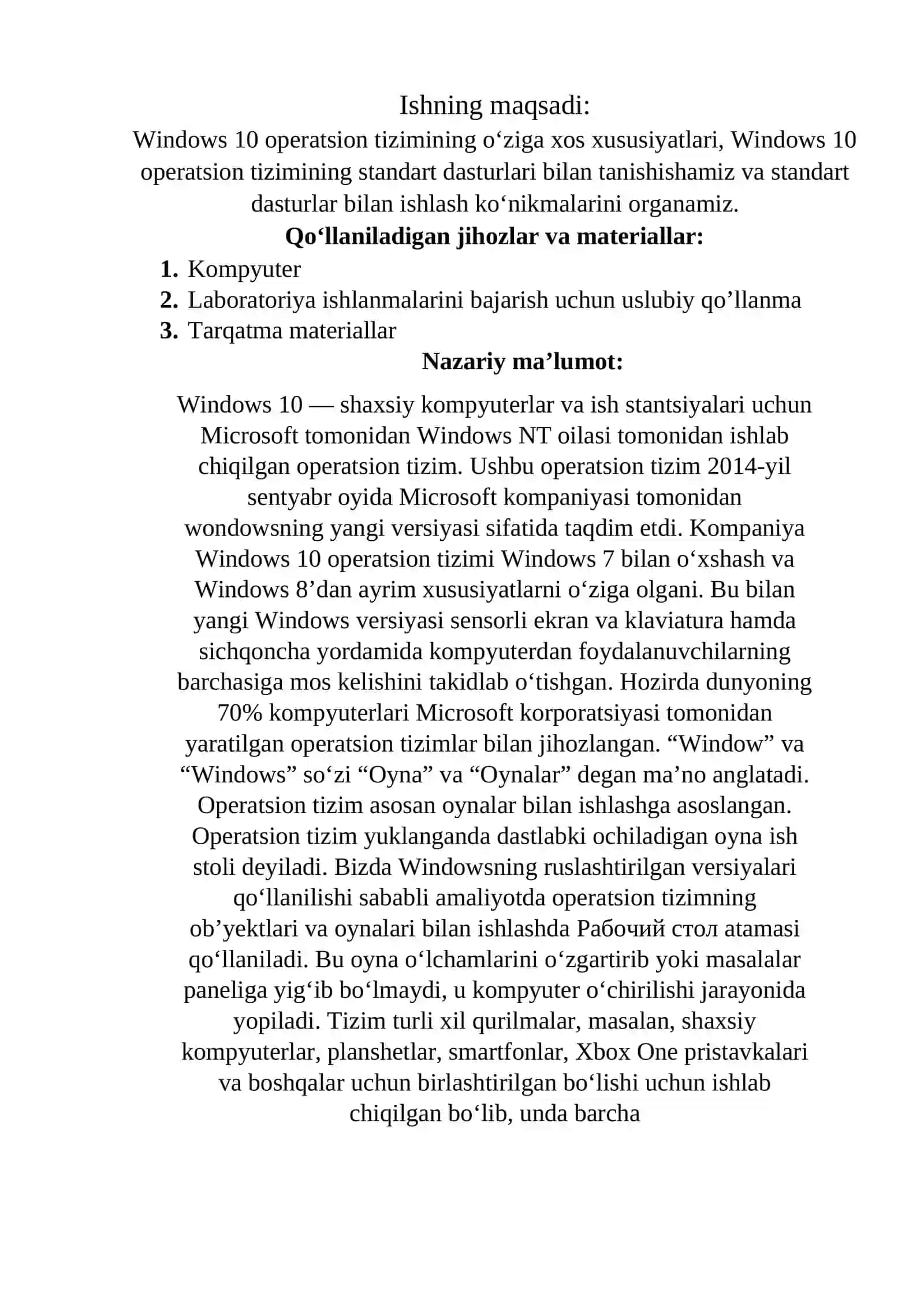 WINDOWS 10 OPERATSION TIZIMINING XUSUSIYATLARI VA STANDART DASTURLARI BILAN ISHLASH 2