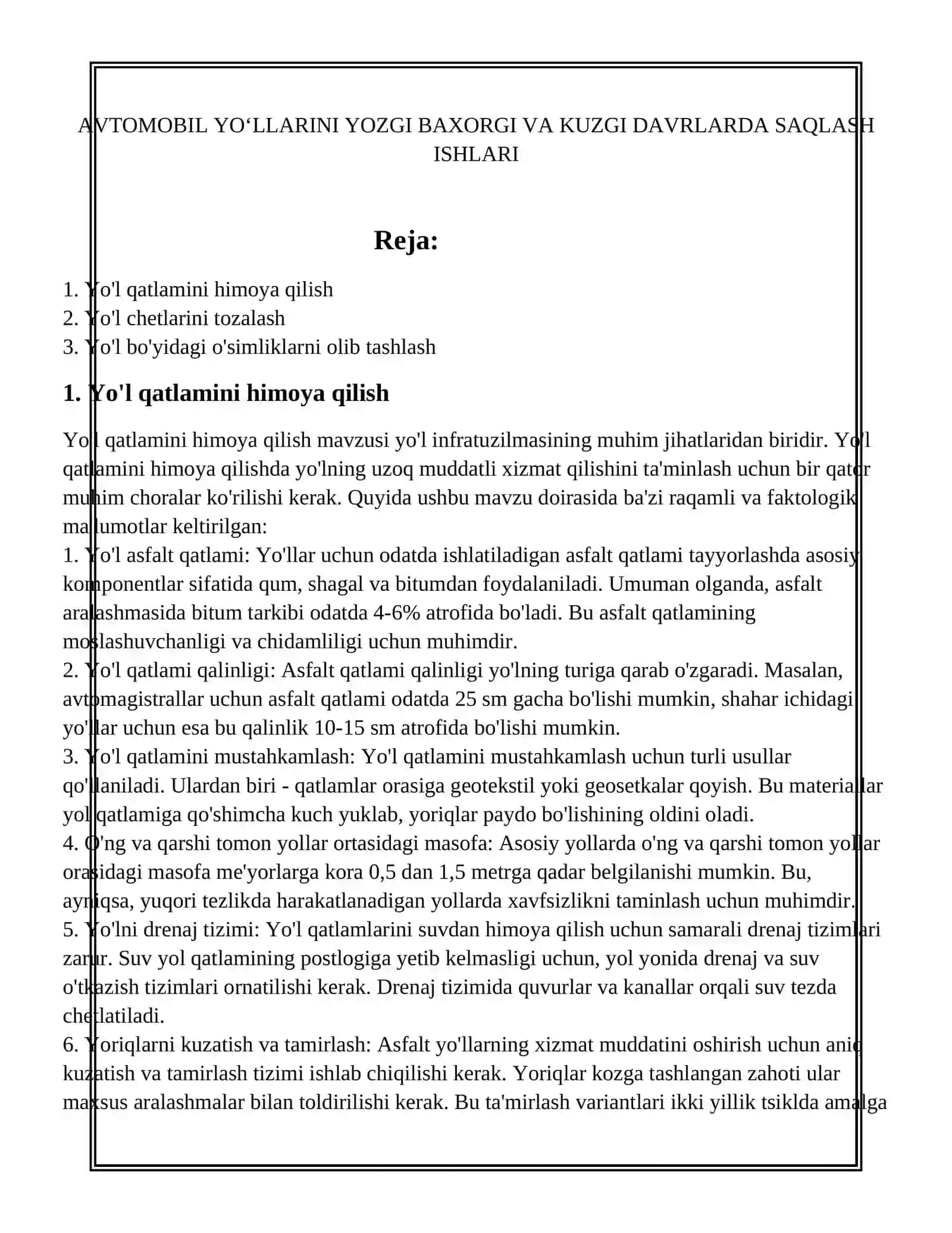 AVTOMOBIL YO‘LLARINI YOZGI BAXORGI VA KUZGI DAVRLARDA SAQLASH ISHLARI 2