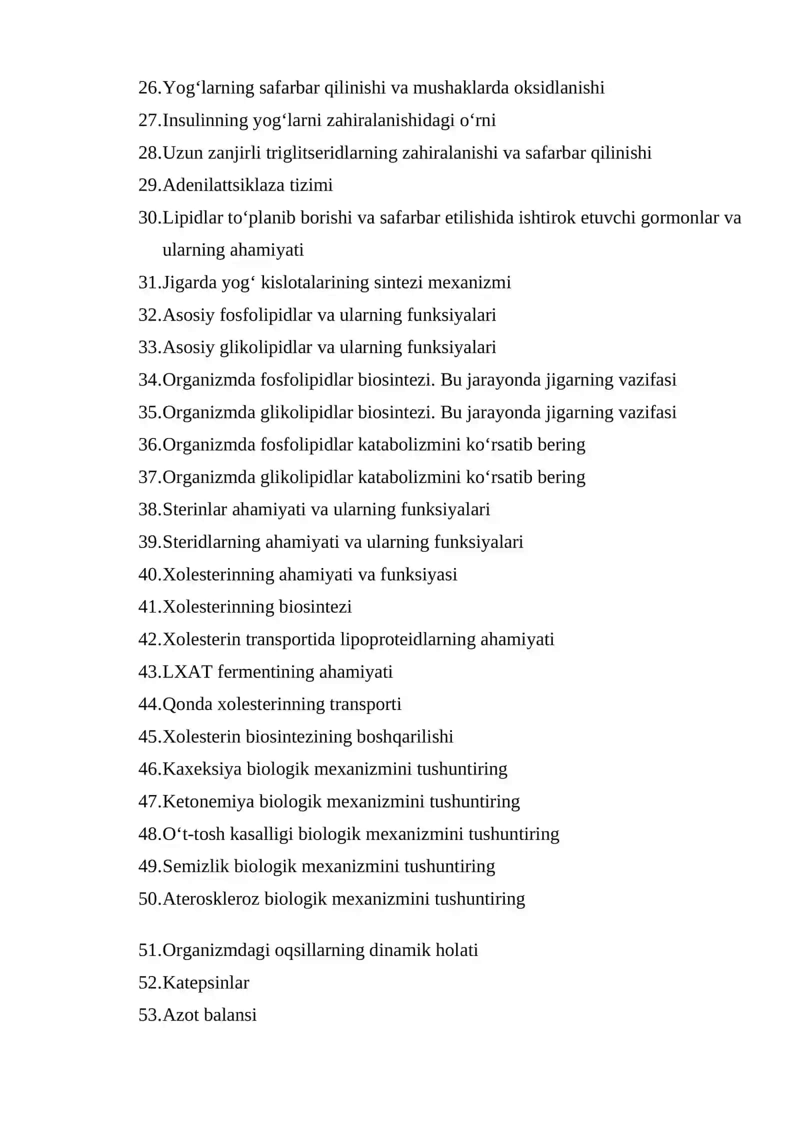 ORALIQ NAZORAT SAVOLLARI BIOKIMYO 2