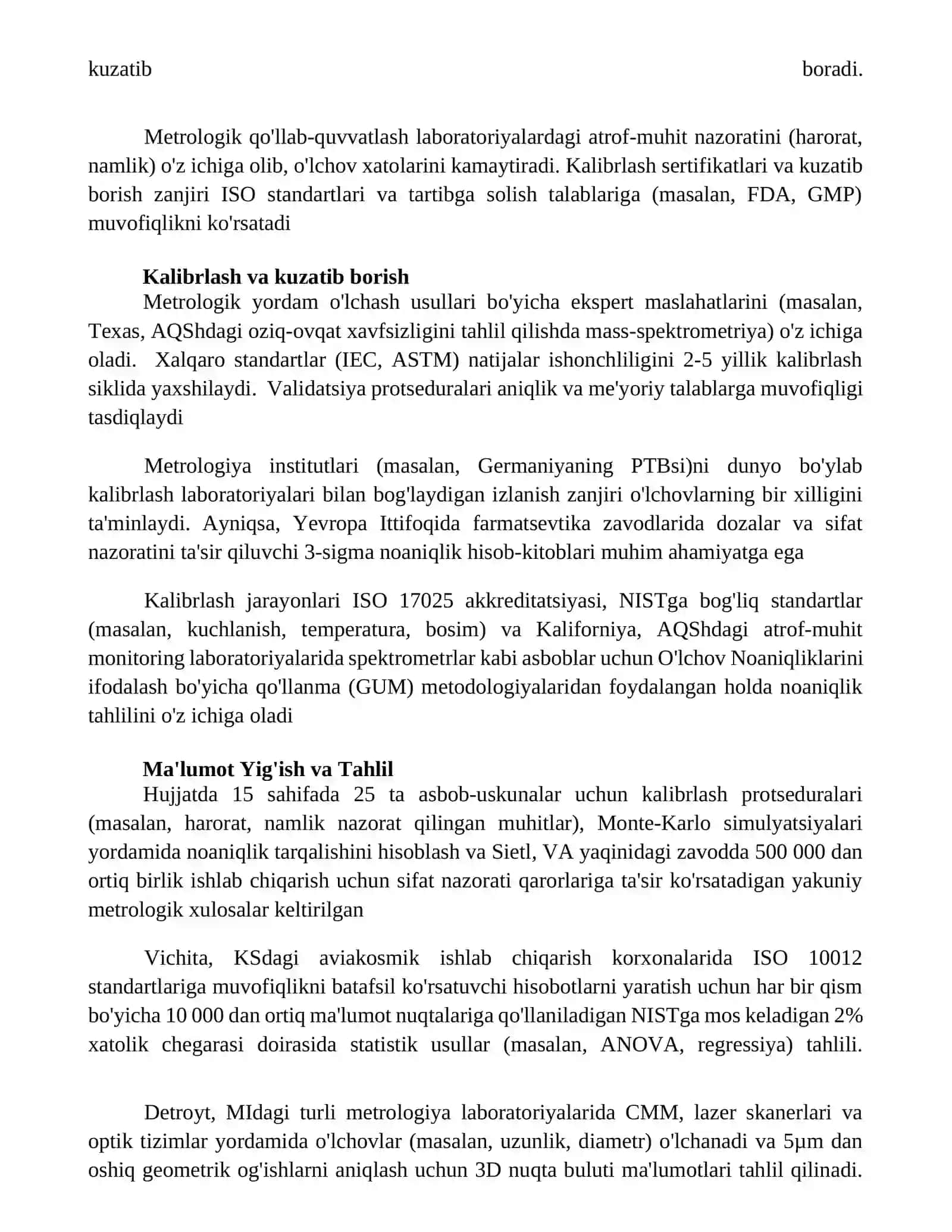 Metrologiya va metralogik ta'minot mavzusida 15 list dan iborat 2