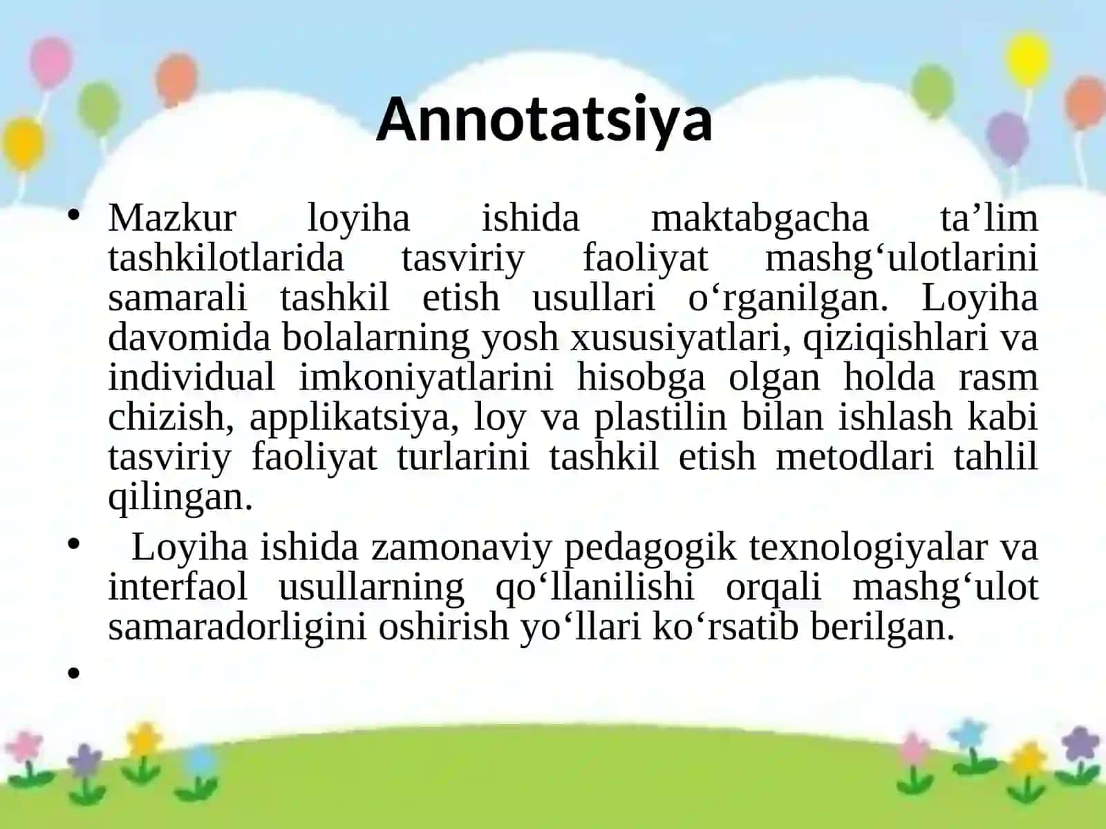 loyiha ishi Maktabgacha ta’lim tashkilotida  Tasviriy faoliyat mashg’ulotlarini tashkil etish usullari 2