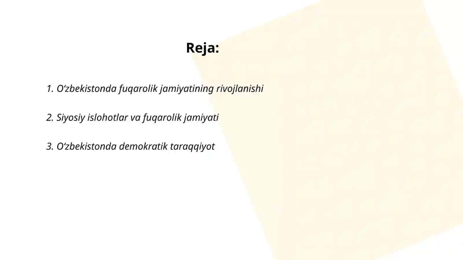Oʻzbekiston demokratik fuqarolik jamiyati asoslarining shakllantirilishi amalga oshirilgan siyosiy islohotlar 2