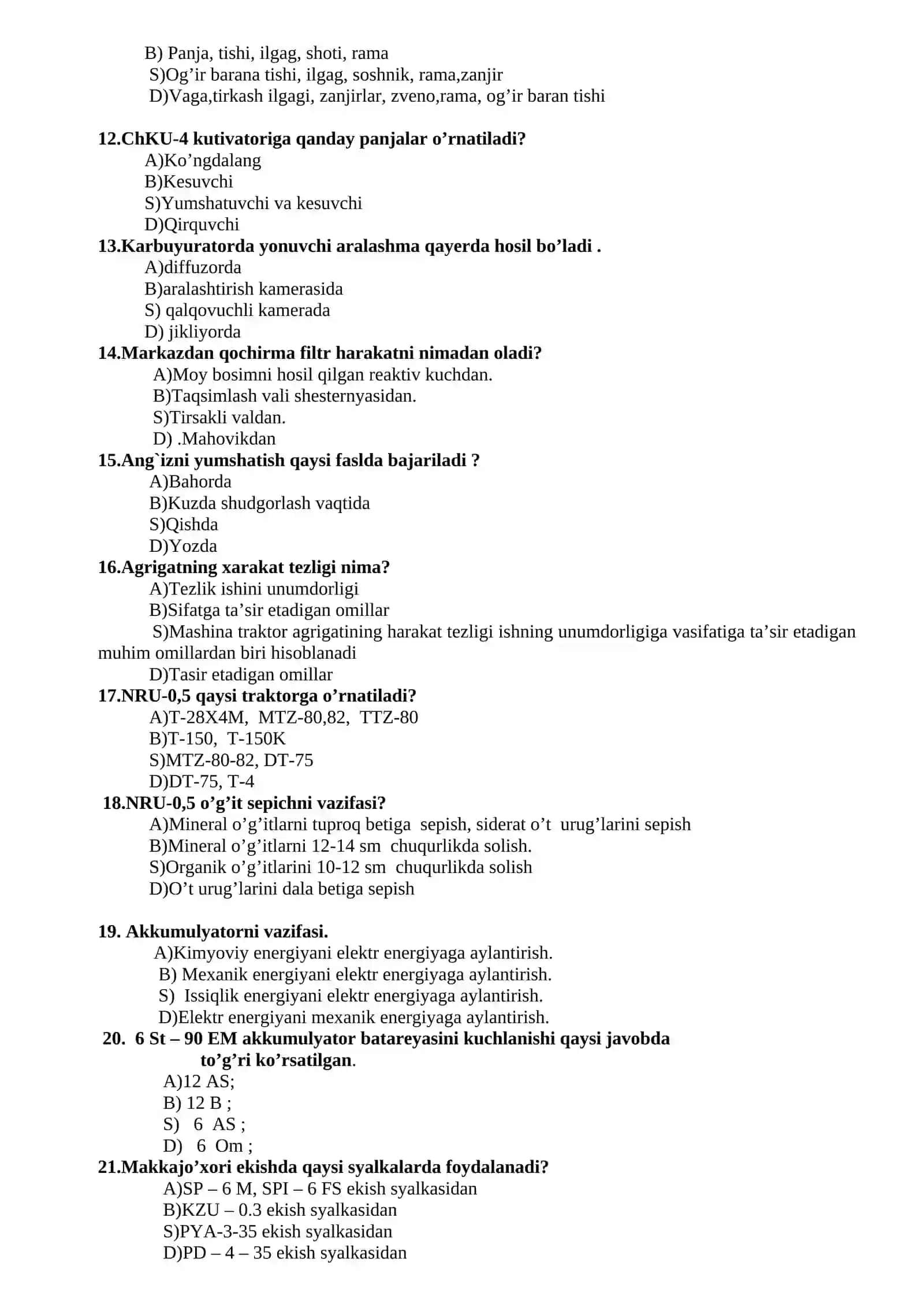 Traktorchi mashinist yonalishi bo’yicha kasbiy  test savollari to'plami 2
