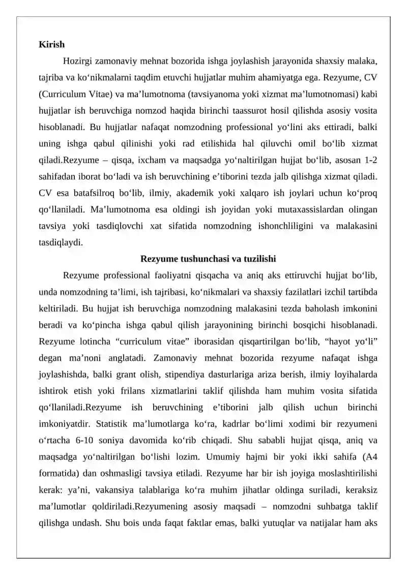 Rezyume, CV, ma’lumotnoma hujjatlari 2