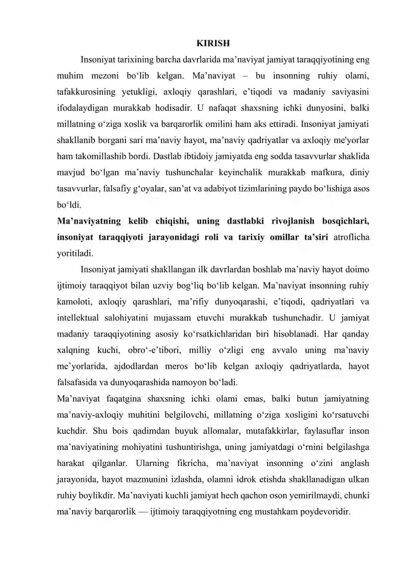 Ma’naviyatning vujudga kelishi va dastlabki rivojlanish bosqichlari. 2