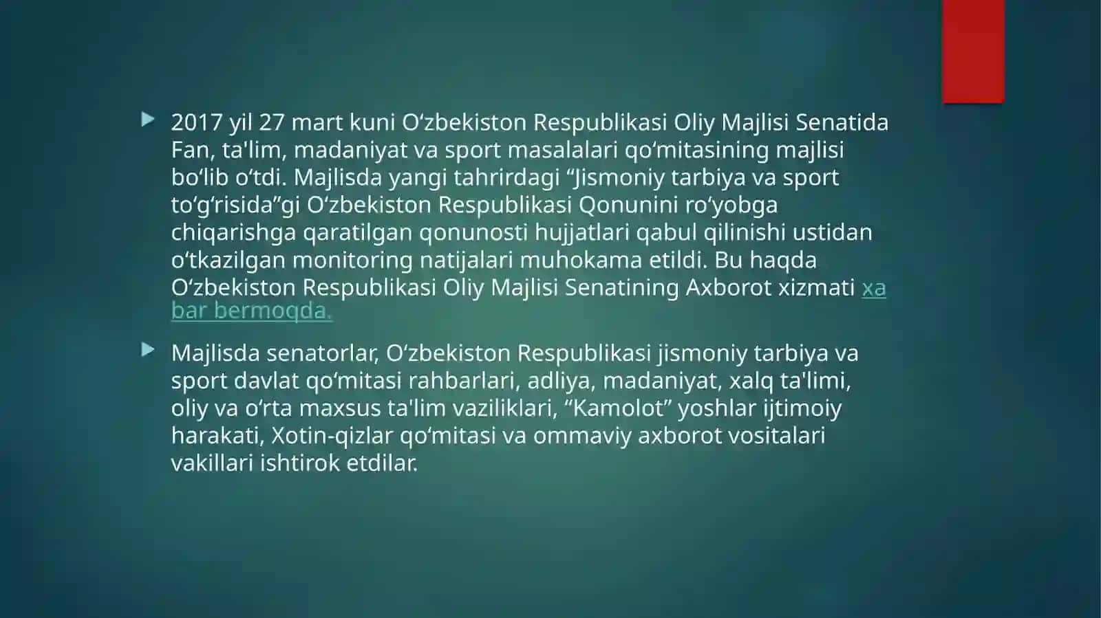 Oʻzbekiston Respublikasi Jismoniy tarbiya va sport toʻgʻrisida qonuning nahamiyati 2