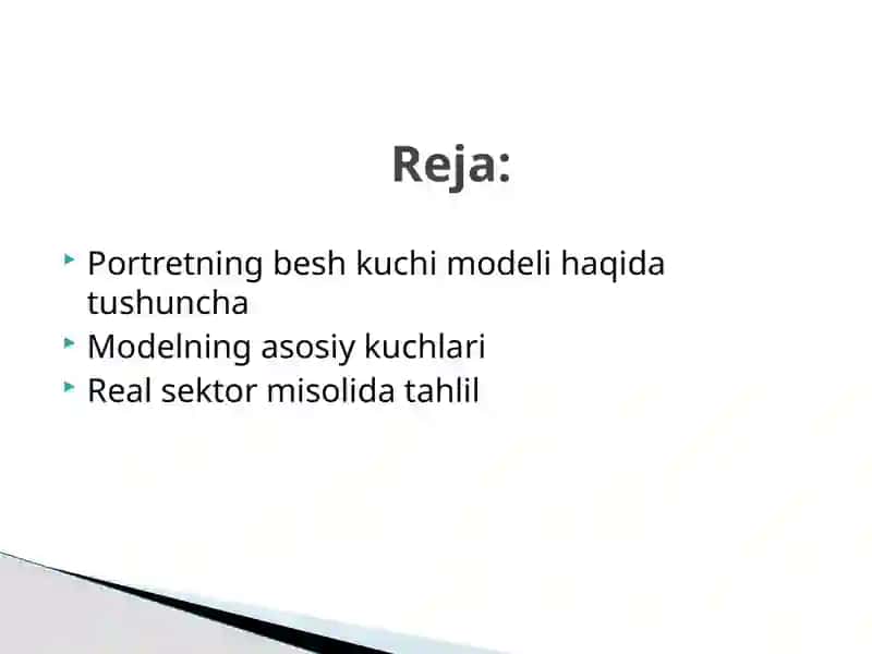 Portretning besh kuchi modeli real sektor misolida tahlil qilish 2