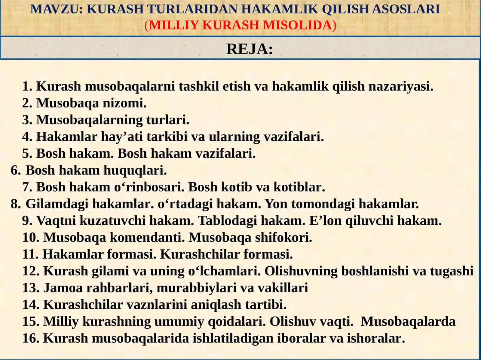 Kurash musobaqalarni tashkil etish va hakamlik qilish nazariyasi 2