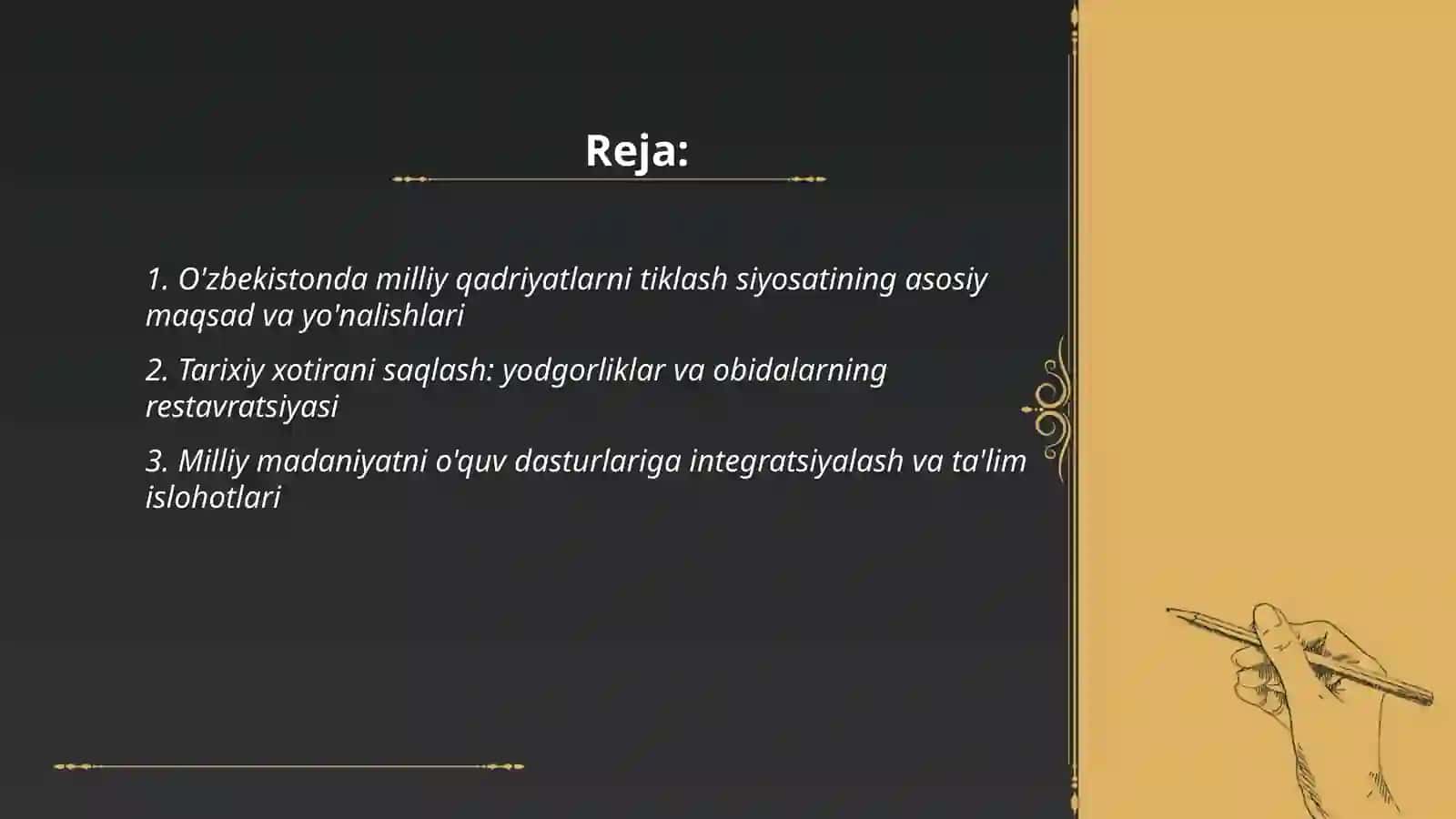O'zbekistonda milliy qadriyatlar va tarixni tiklash borasidagi islohotlar mazmuni 2