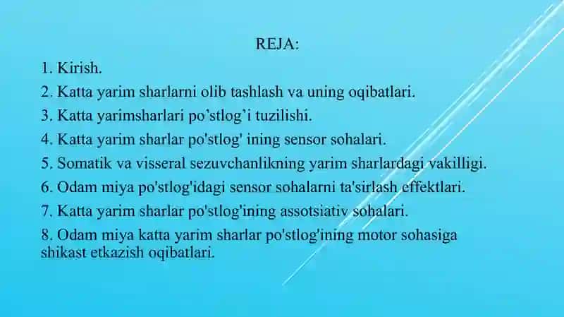 Bosh miya turli bo'limlari faoliyatini o'rganish. Bosh miya yarimsharlar po’stlog'ing fiziologiyasi 2