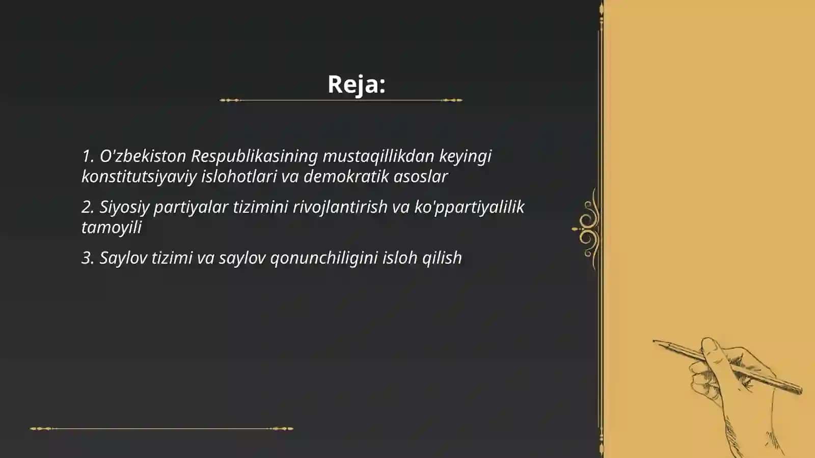 O'zbekistonda demokratik fuqarolik, jamiyati asoslarining shakllanishi, amalga oshirilgan siyosiy islohotlar 2