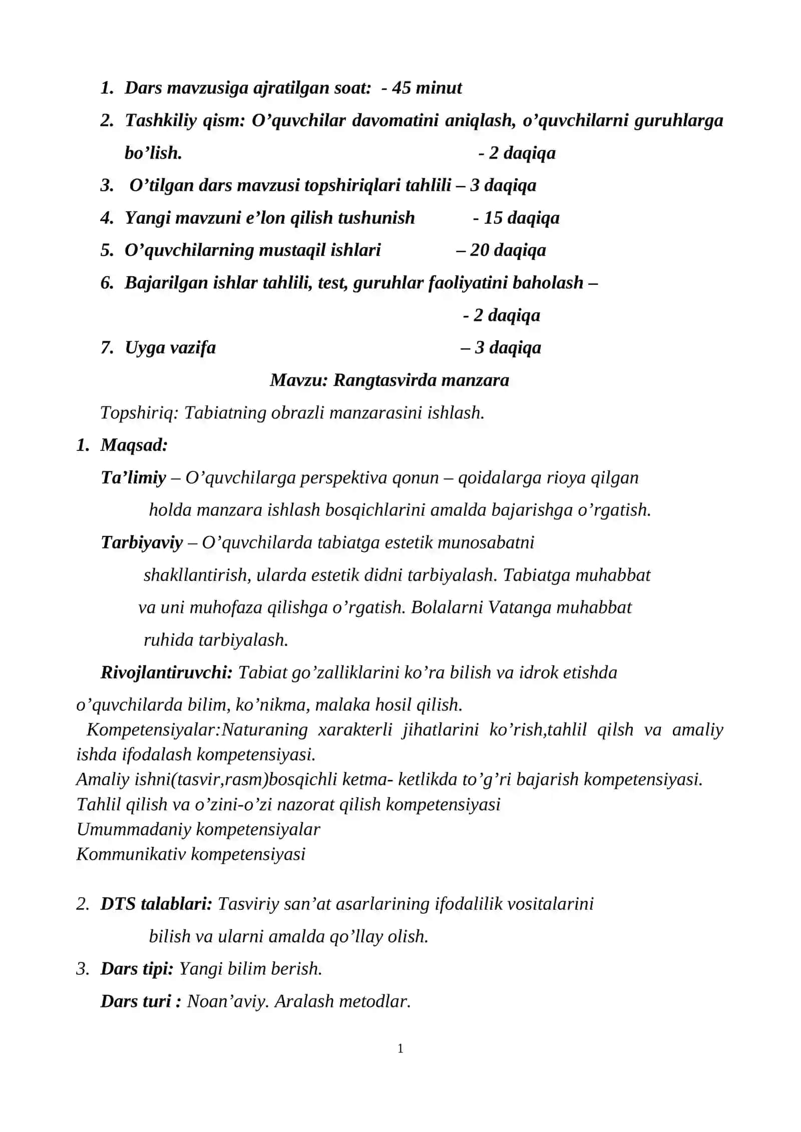 6-sinf Tasviriy san'at Rangtasvirda manzara, kuz manzarasini ishlash dars ishlanma 2
