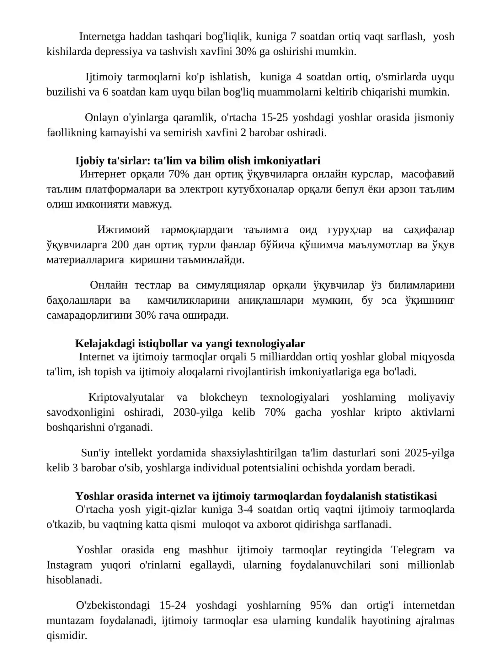 Internet va ijtimoiy tarmoqlarning yoshlar hayotidagi o’rni 2