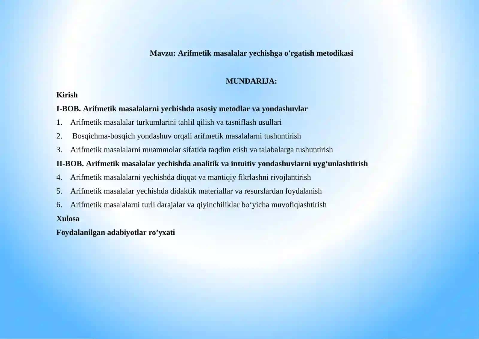 Arifmetik masalalar yechishga o'rgatish metodikasi 2