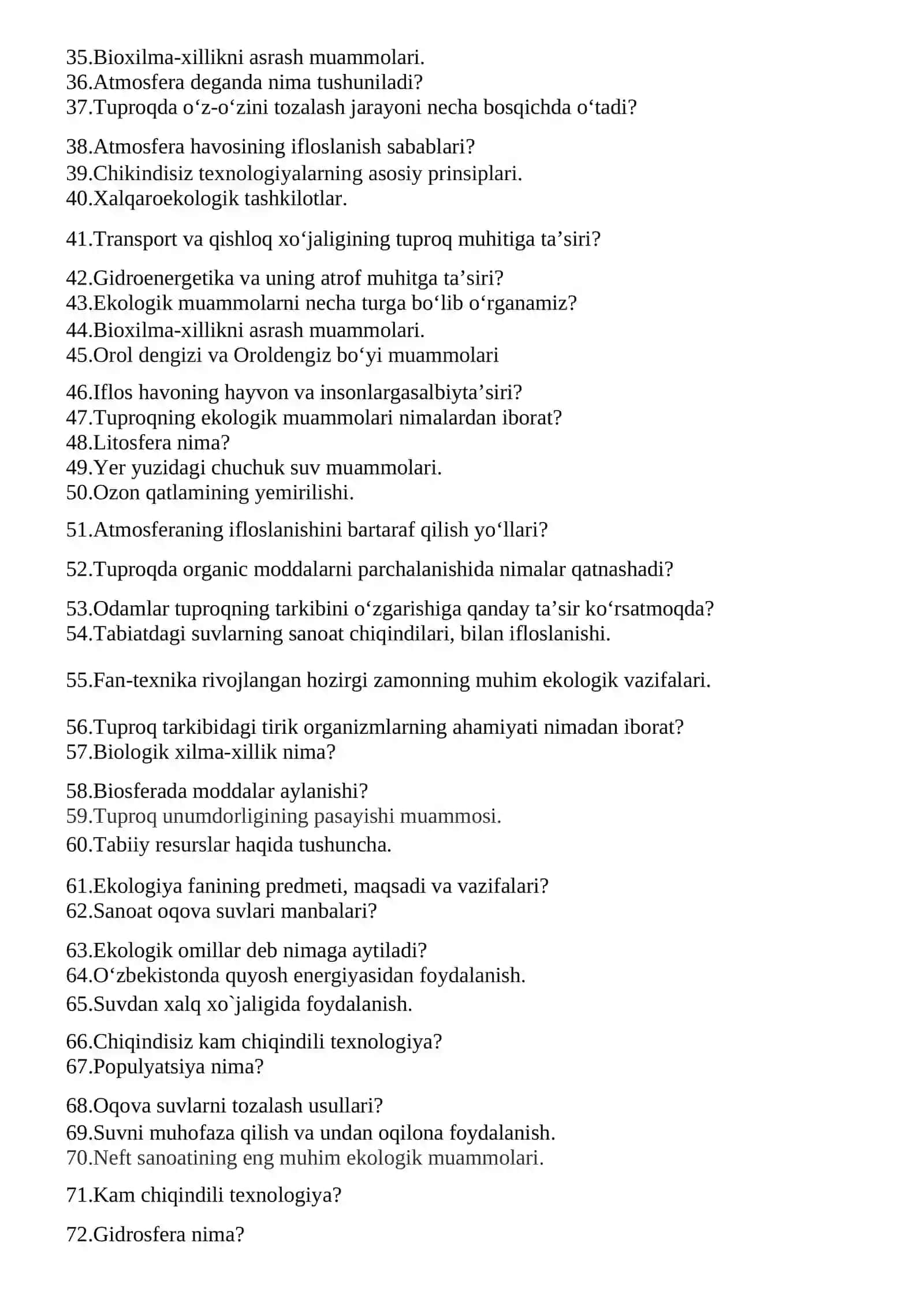Ekologiya fanidan yakuniy savollari 2