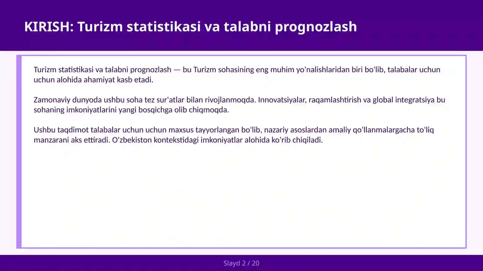 Turizm Statistikasi va Talabni Prognozlash 2