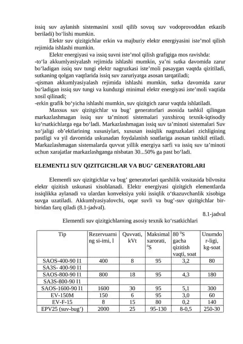 QISHLOQ VA SUV XO‘JALIGI ELEKTR ISITISH USKUNALARI. ELEKTR SUV QIZITGICHLAR, BUG‘ GENERATORLARI VA ELEKTR BUG‘ QOZONLARI 2