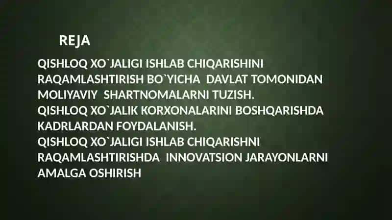 QISHLOQ XO`JALIGI ISHLAB CHIQARISHINI RAQAMLASHTIRISH BO`YICHA DAVLAT TOMONIDAN MOLIYAVIY SHARTNOMALARNI TUZISH 2