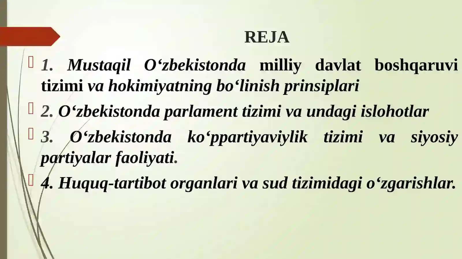 O`ZBEKISTONDA DEMOKRATIK, FUQAROLIK JAMIYATI ASOSLARINING SHAKKILLANISHI, AMALGA OSHIRILGAN SIYOSIY JARAYONLAR 2