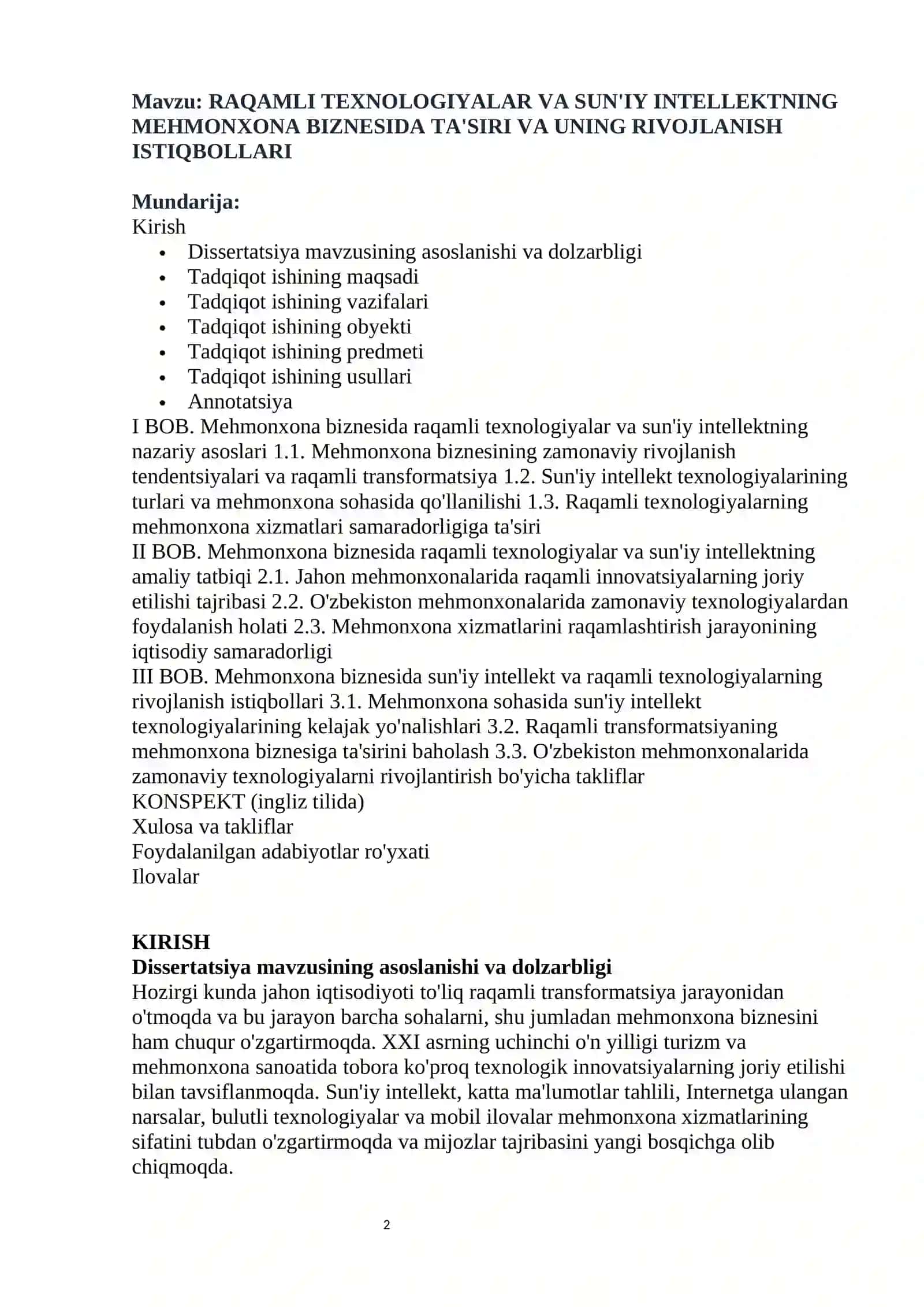 Raqamli texnologiyalar va sun'iy intellektning mehmonxona biznesida ta'siri va uning rivojlanish istiqbollari 2