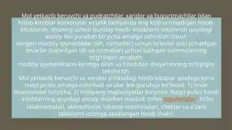 Mol yetkazib beruvchi va pudratchilar bilan hisob-kitob 2