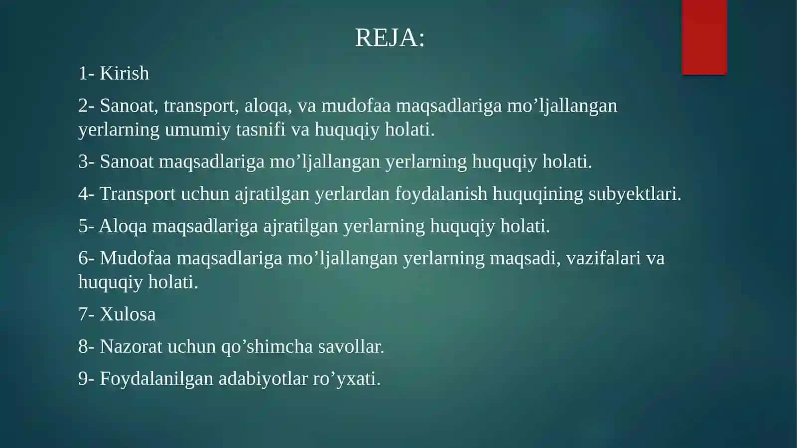 Sanoat, transport, aloqa va mudofaa maqsadlariga mo’ljallangan yerlarning huquqiy holati 2