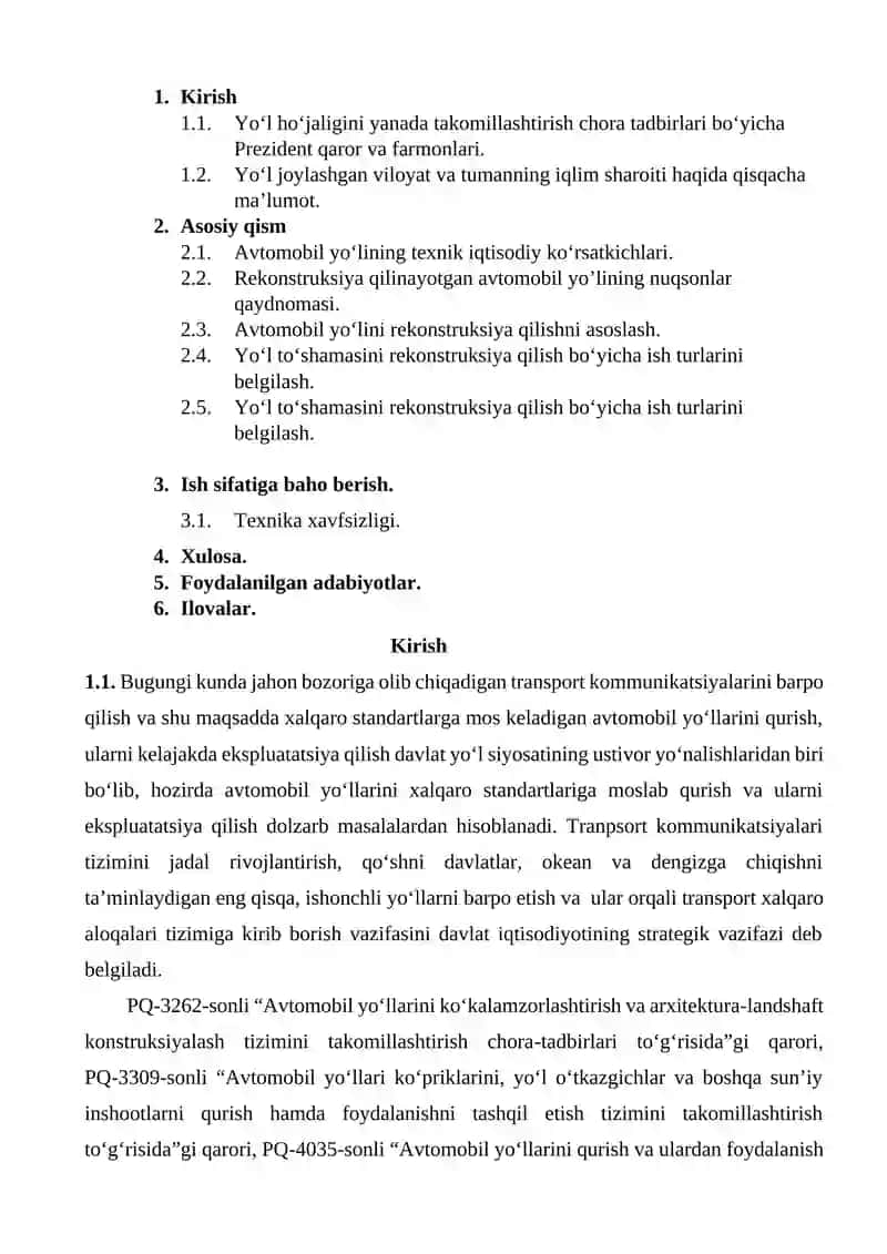 M-41 “Bishkek – Dushanbe - Termiz”avtombil yo’lining 1460 - 1465 qismini rekonstruksiya qilish texnologiyasini ishlab chiqish 2