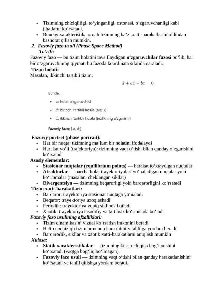 Nochiziqli sistemalarning statik xarakteristikalari va fazoviy fazo usuli 2