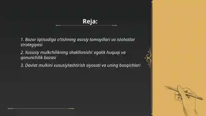 O'zbekistonda qtisodiy islohatlar xususiy mulkchilikning shakllanishi 2