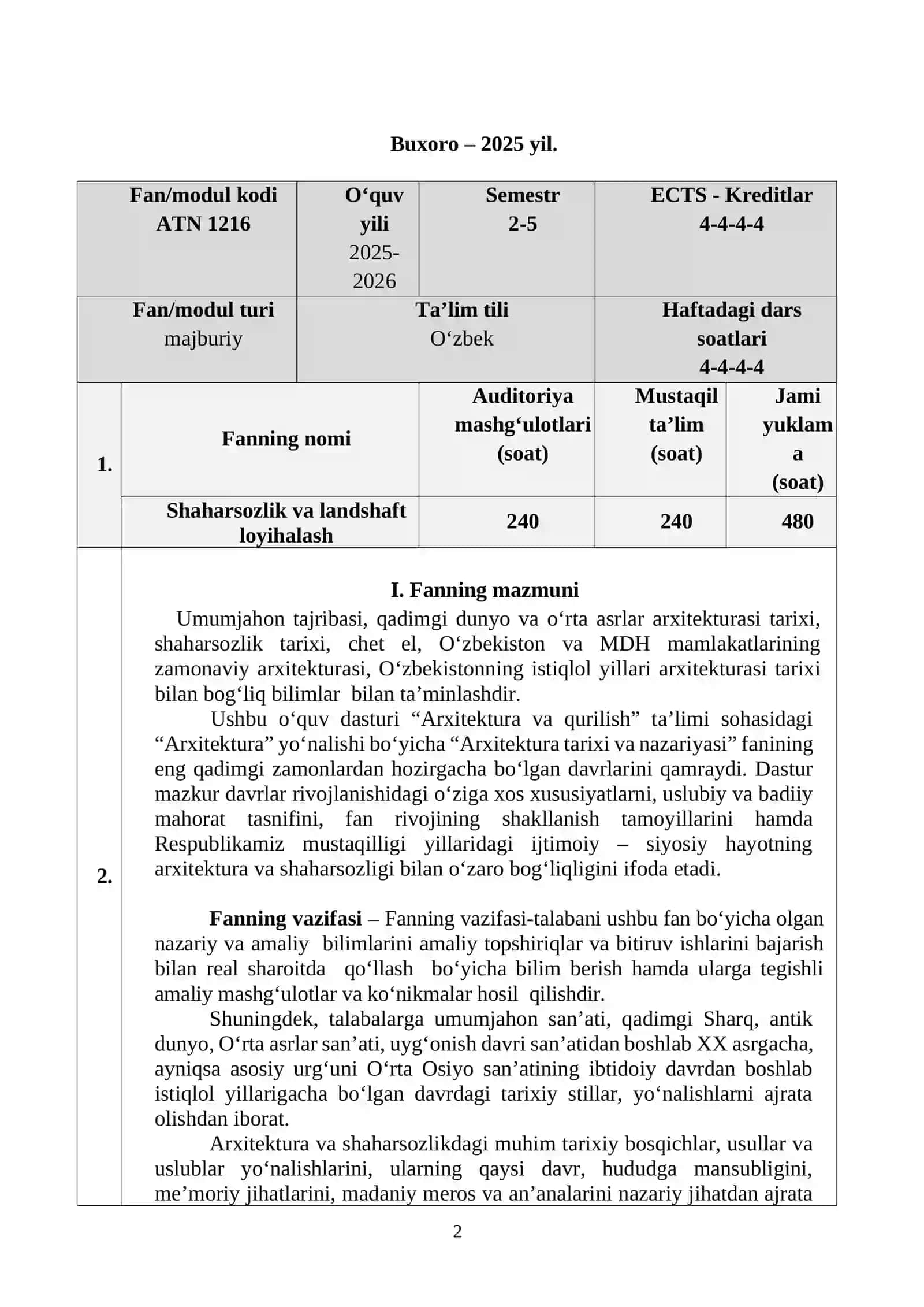 ARXITEKTURA TARIXI va NAZARIYASI FANINING  O’QUV DASTURI 2