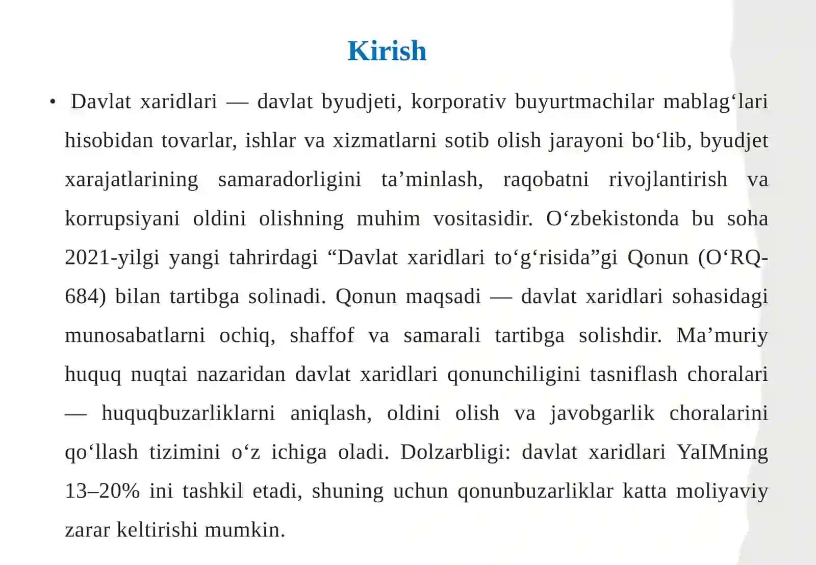 Davlat xaridlari qonunchiligini tasniflash choralari 2