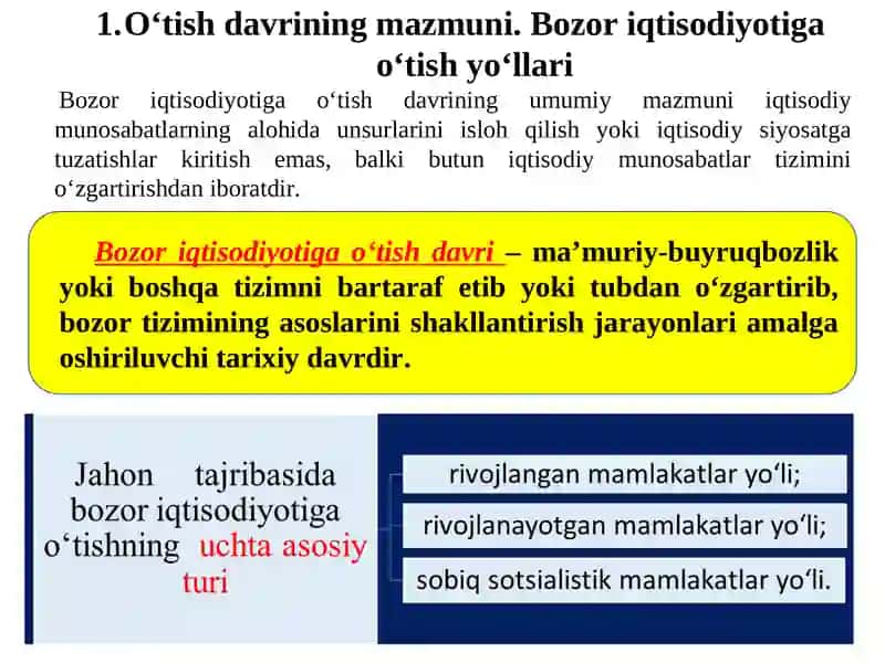 Bozor iqtisodiyotiga o‘tish davri va uning O‘zbekistondagi xususiyatlari 2
