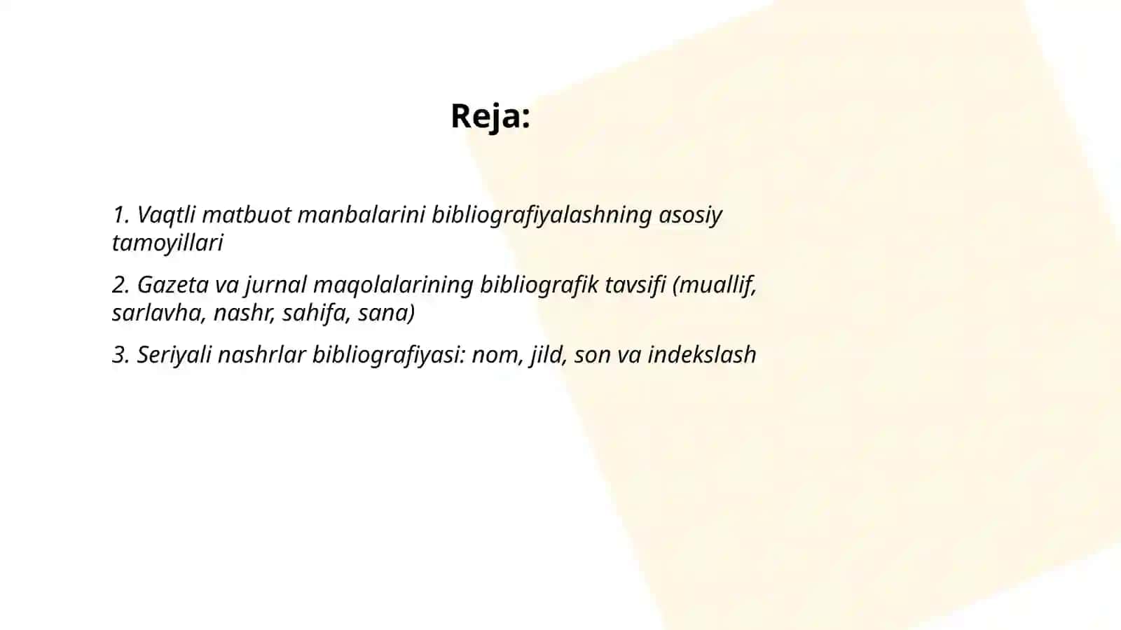 Bibliografiya vaqtli matbuotda chop etilgan sohaga oid manbalarni 2