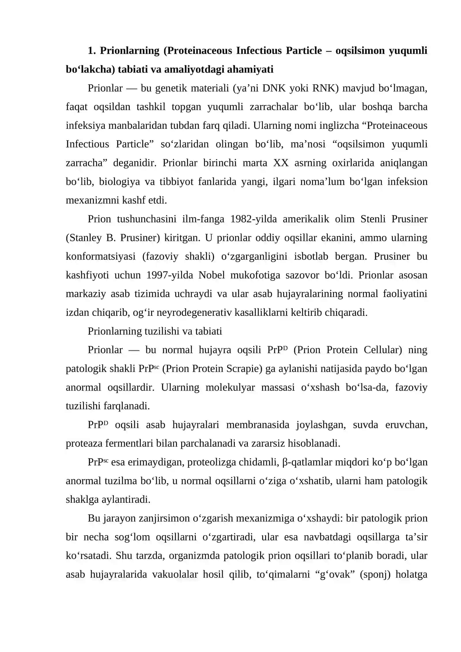Prionlarning (Proteinaceous Infectious Particle – oqsilsimon yuqumli bo‘lakcha) amaliyotda ahamiyati 2