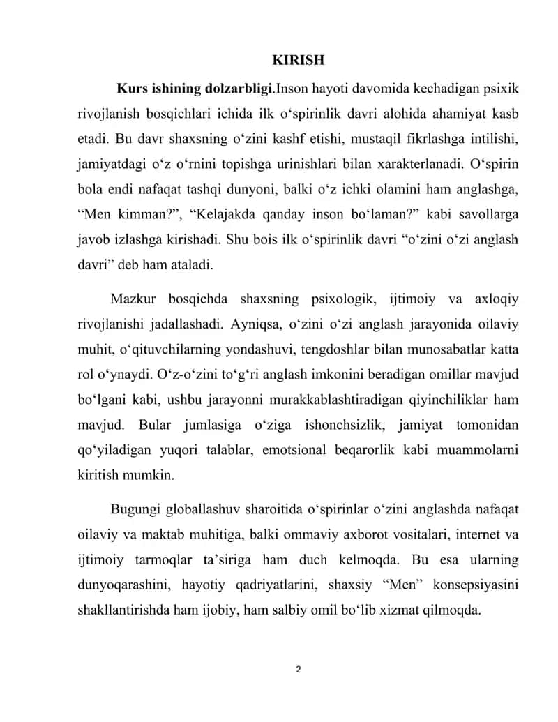 Ilk o’spirinlik davrida o’zini o’zi anglash muammosi 2