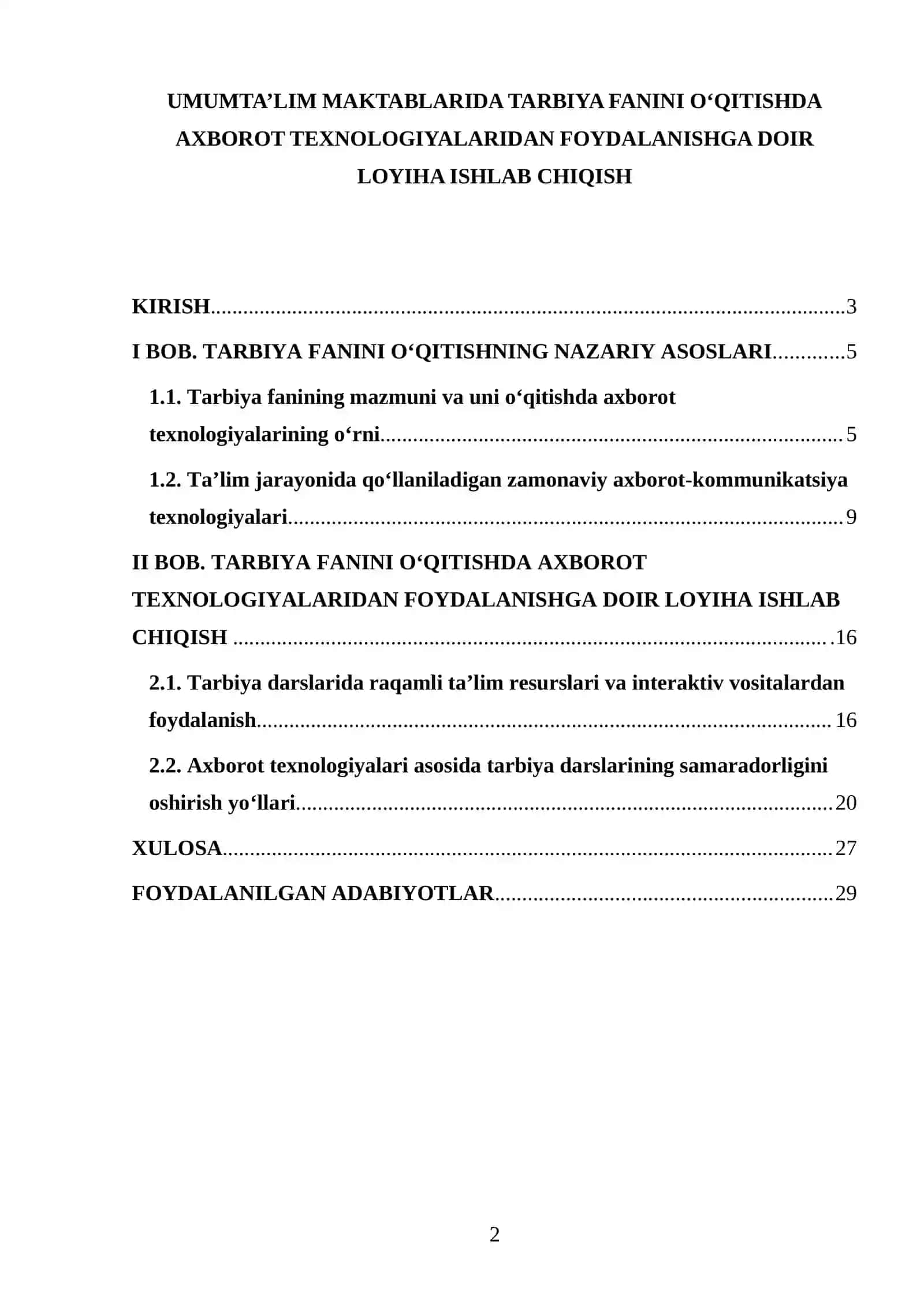 Tarbiya Fanini O‘qitishda Axborot Texnologiyalaridan Foydalanishga Doir Loyiha Ishlab Chiqish 2