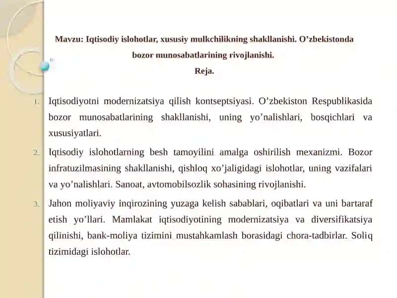 Iqtisodiy islohotlar, xususiy mulkchilikning shakllanishi 2