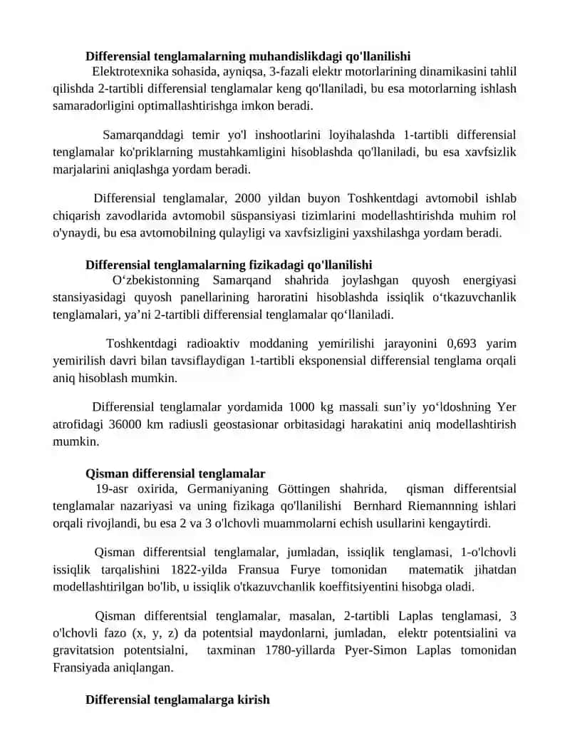 Differensial tenglamalar va ularning tadbiqlari 2